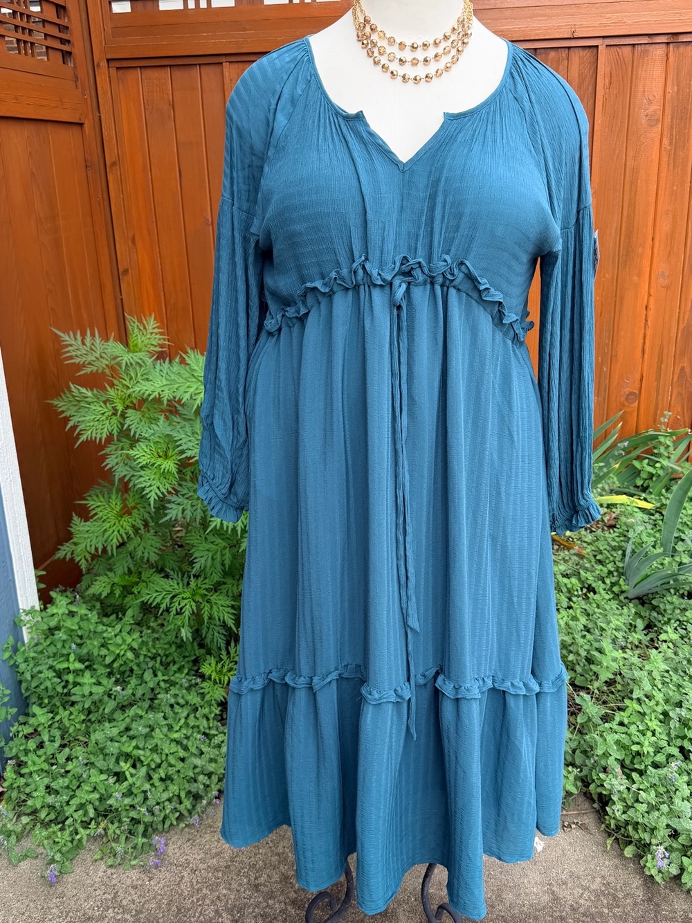 Chic Soul Teal Long Sleeve Ruffled Midi Dress